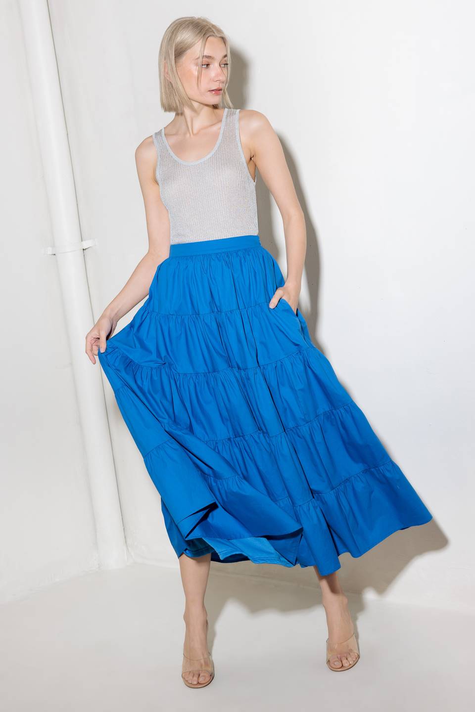 SIMPLY SPELLBOUND BLUE WOVEN FULL MIDI SKIRT - By Baano