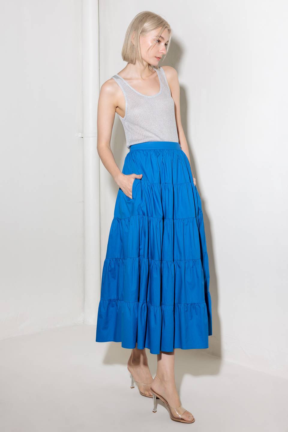 SIMPLY SPELLBOUND BLUE WOVEN FULL MIDI SKIRT - By Baano