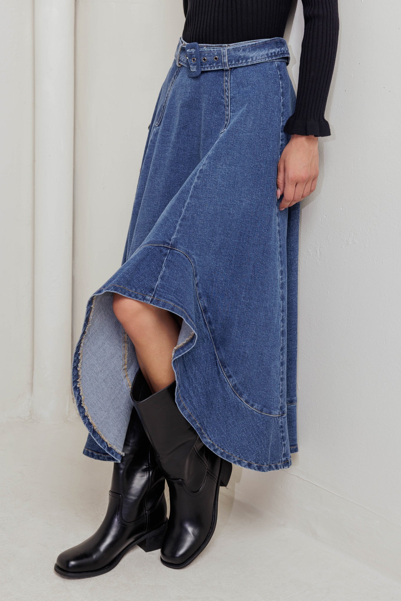 COWBOY CURVE DENIM MIDI SKIRT - By Baano