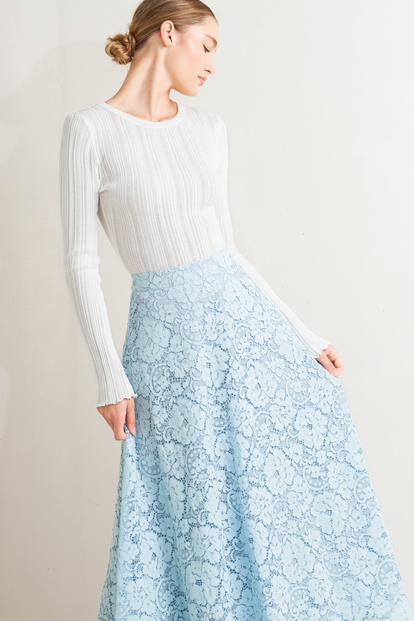 PURELY ROMANTIC WOVEN LACE MIDI SKIRT
