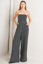HAUTE STRAPLESS TWEED JUMPSUIT