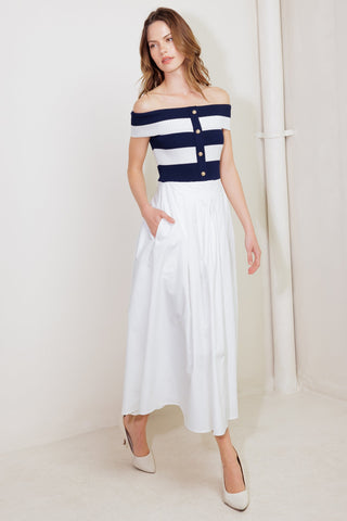 MODERN MUSE NAVY KNIT WOVEN MIDI DRESS - By Baano