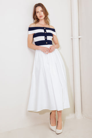 MODERN MUSE NAVY KNIT WOVEN MIDI DRESS - By Baano