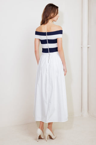 MODERN MUSE NAVY KNIT WOVEN MIDI DRESS - By Baano