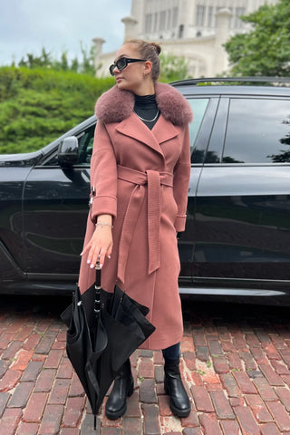 Genuine Polar Fox Leather Buckle Cashmere Wool Coat