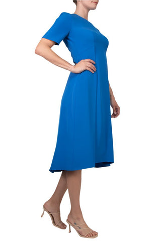 Maggy London Crew Neck Short Sleeve Pleated Solid Zipper Back Scuba Dress - Glamourous Grace