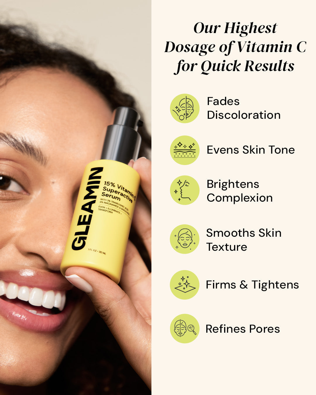 Woman holding Superactive Serum with benefits listed: fades discoloration, evens tone, brightens, firms, and refines pores using Vitamin C.