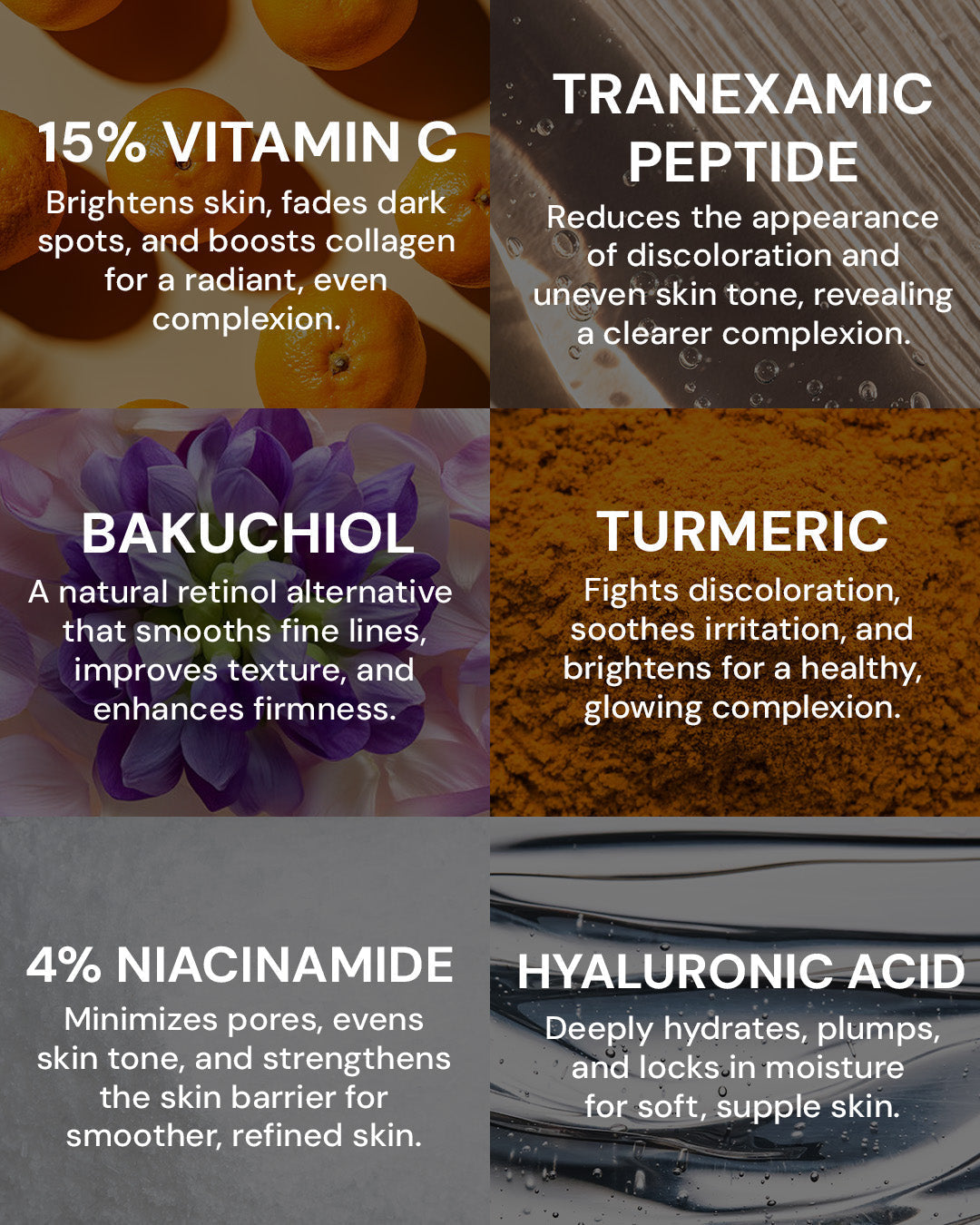 Superactive Serum ingredients breakdown: Vitamin C, Tranexamic Peptide, Bakuchiol, Turmeric, Niacinamide, and Hyaluronic Acid for skin care.