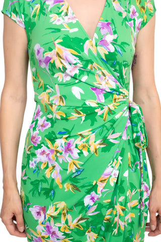 Maggy London V - Neck Cap Sleeve Tie Waist Gathered Side Floral Print Jersey Dress - Glamourous Grace