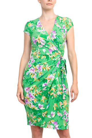 Maggy London V - Neck Cap Sleeve Tie Waist Gathered Side Floral Print Jersey Dress - Glamourous Grace