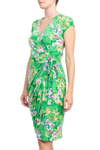 Maggy London V - Neck Cap Sleeve Tie Waist Gathered Side Floral Print Jersey Dress - Glamourous Grace
