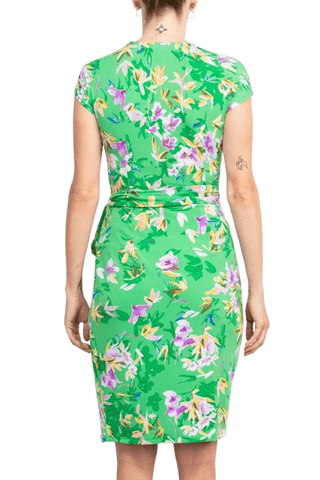Maggy London V - Neck Cap Sleeve Tie Waist Gathered Side Floral Print Jersey Dress - Glamourous Grace