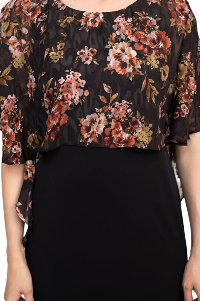 Glamour Nights Scoop Neck Floral Print Cape Short Sleeve ITY Dress - Glamourous Grace