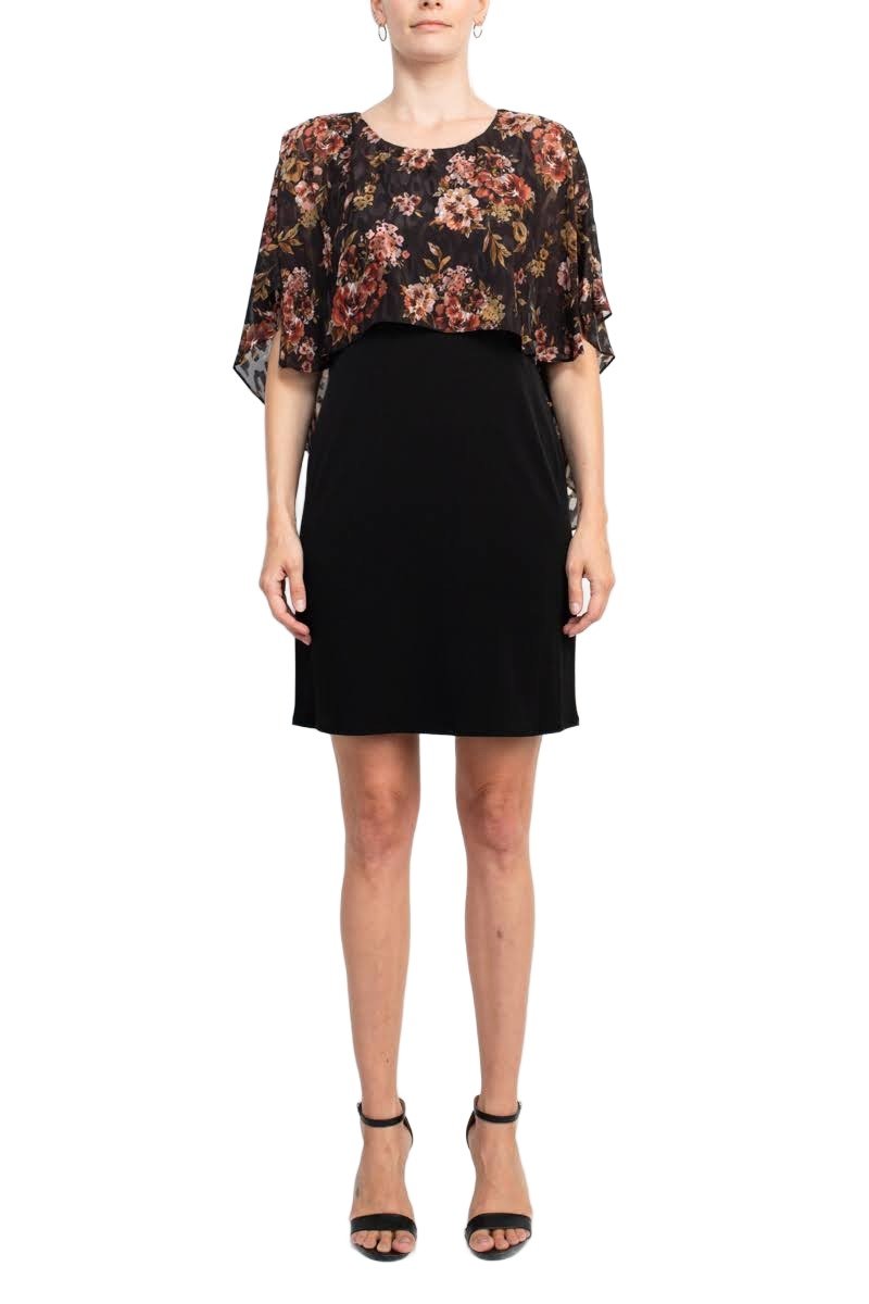 Glamour Nights Scoop Neck Floral Print Cape Short Sleeve ITY Dress - Glamourous Grace