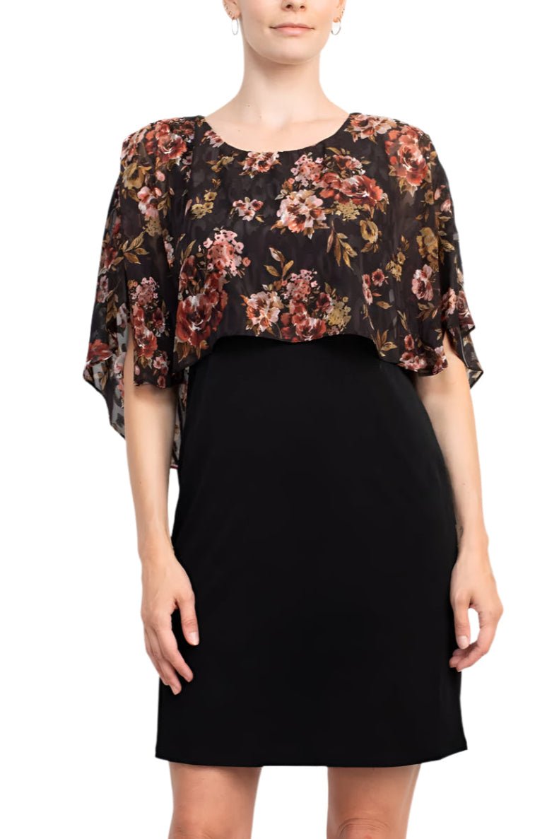 Glamour Nights Scoop Neck Floral Print Cape Short Sleeve ITY Dress - Glamourous Grace