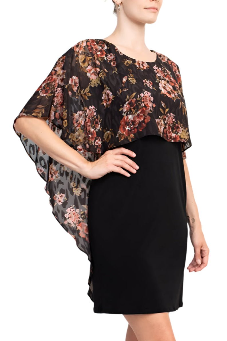 Glamour Nights Scoop Neck Floral Print Cape Short Sleeve ITY Dress - Glamourous Grace