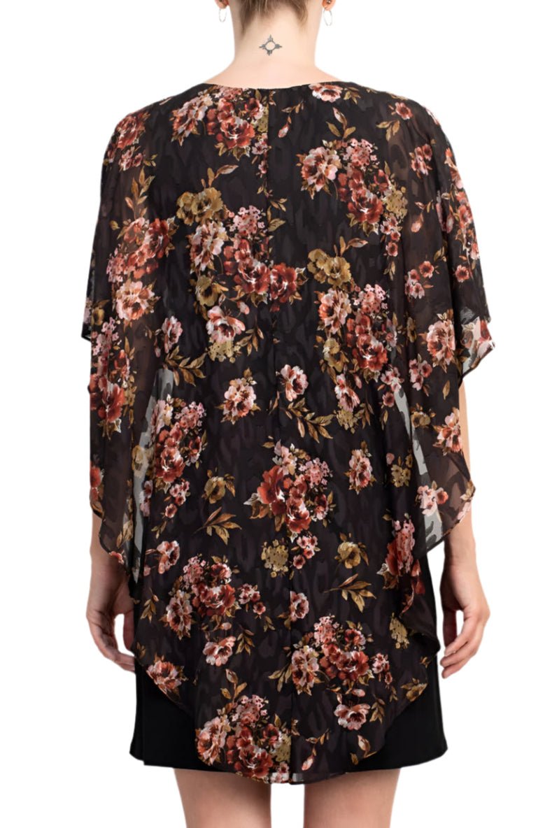 Glamour Nights Scoop Neck Floral Print Cape Short Sleeve ITY Dress - Glamourous Grace