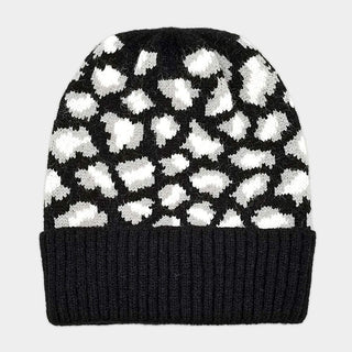 Leopard Patterned Ribbed Knit Cuff Beanie Hat