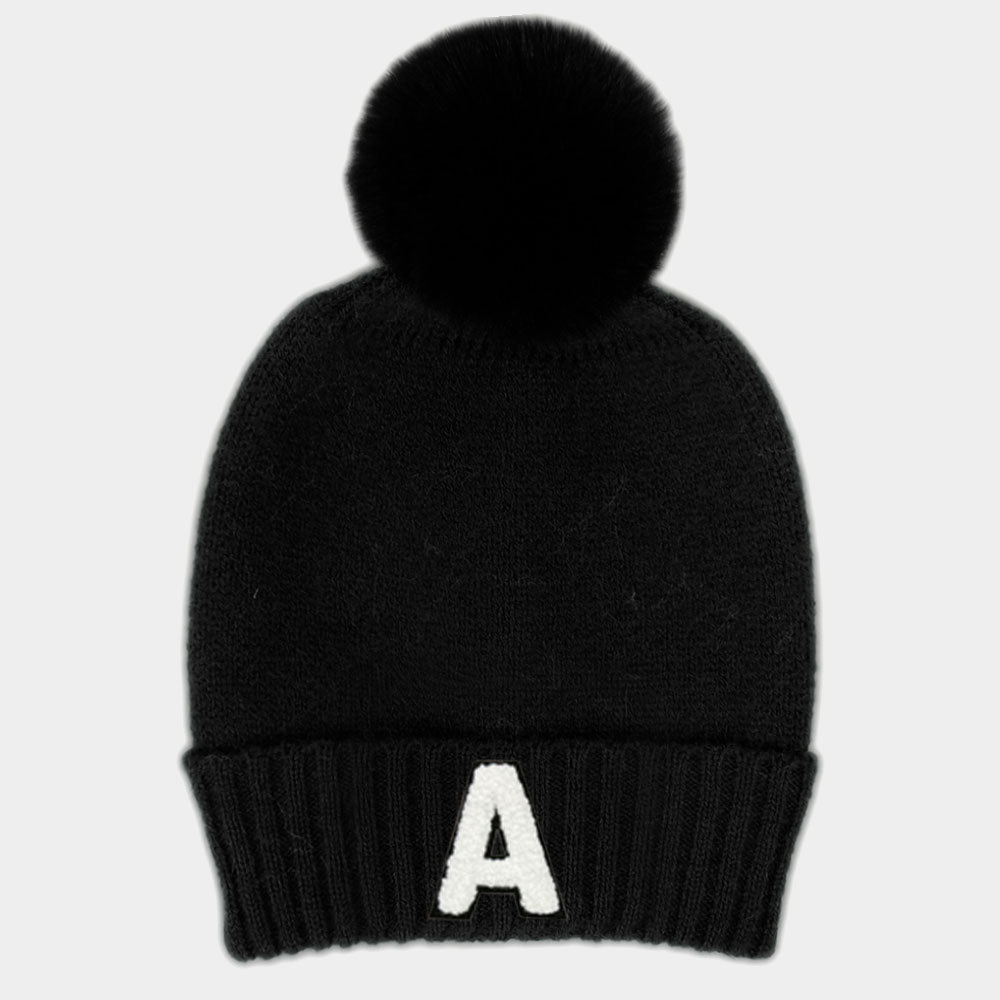-A- Initial Monogram Faux Fur Pom Pom Knit Beanie Hat