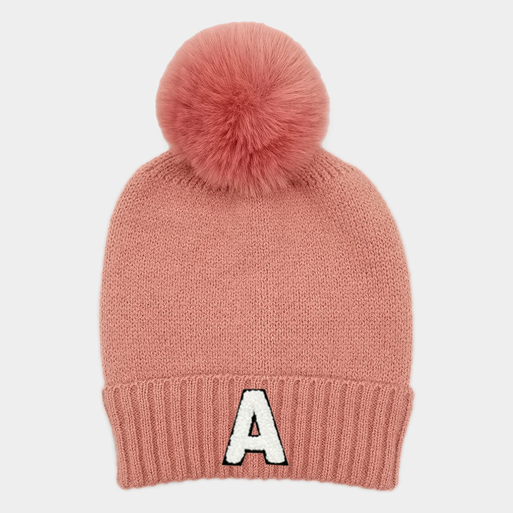 -A- Initial Monogram Faux Fur Pom Pom Knit Beanie Hat