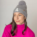 -A- Initial Monogram Faux Fur Pom Pom Knit Beanie Hat