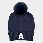 -A- Initial Monogram Faux Fur Pom Pom Knit Beanie Hat