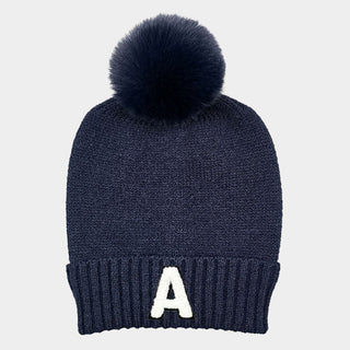 -A- Initial Monogram Faux Fur Pom Pom Knit Beanie Hat
