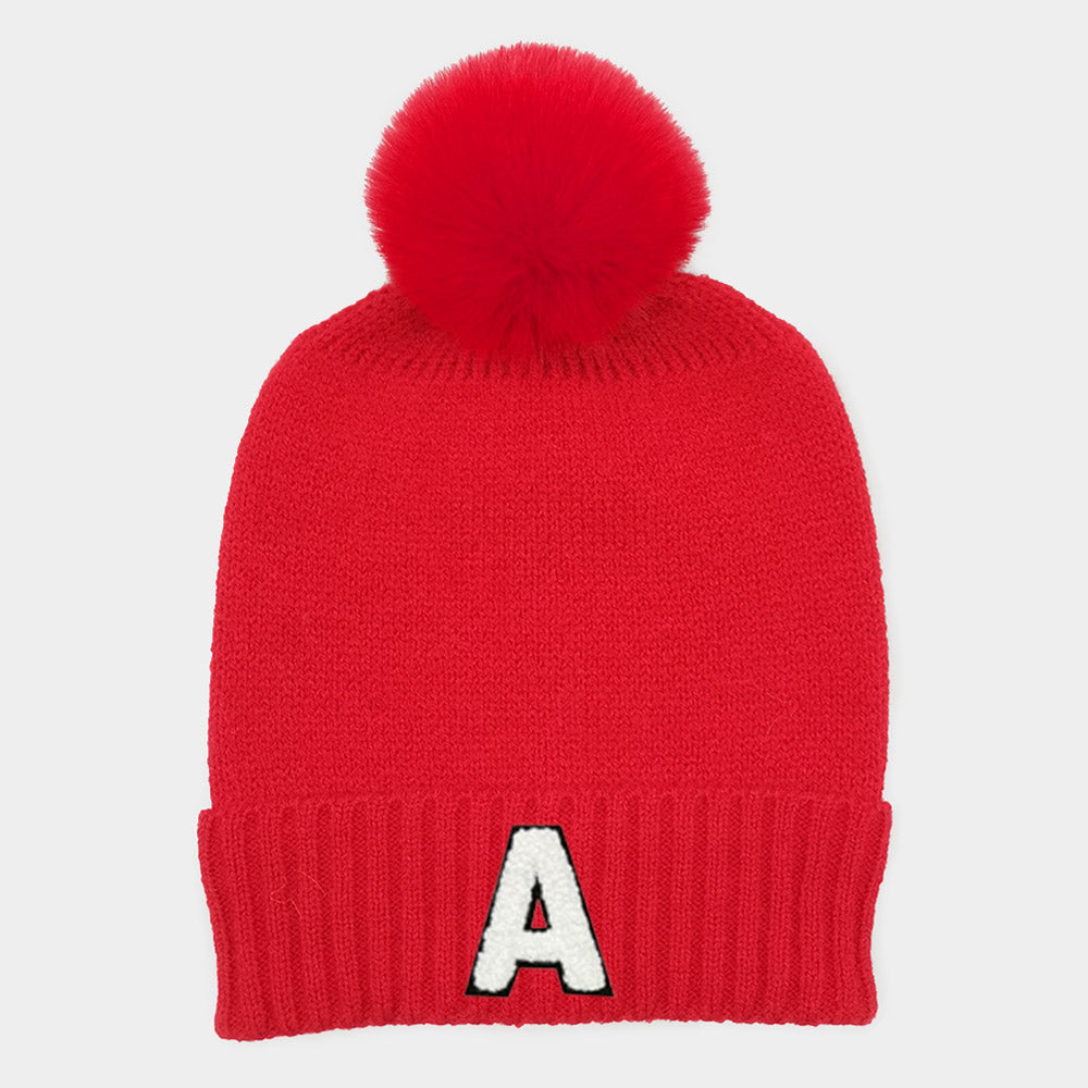 -A- Initial Monogram Faux Fur Pom Pom Knit Beanie Hat
