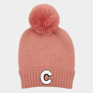 -C- Initial Monogram Faux Fur Pom Pom Knit Beanie Hat