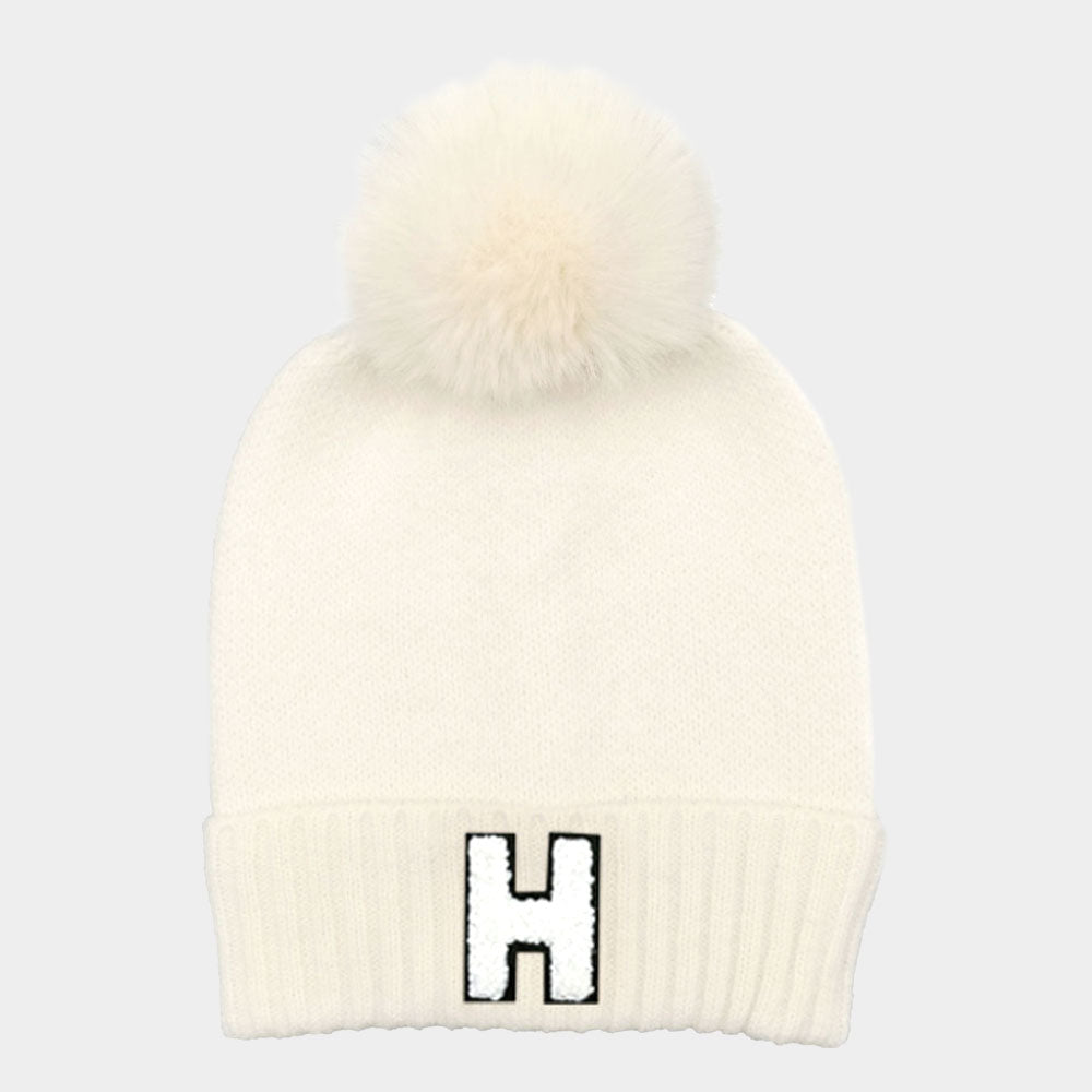 -H- Initial Monogram Faux Fur Pom Pom Knit Beanie Hat