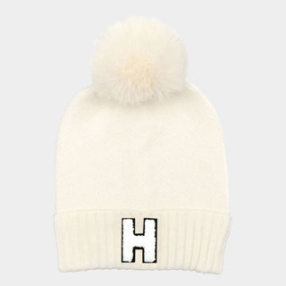 -H- Initial Monogram Faux Fur Pom Pom Knit Beanie Hat
