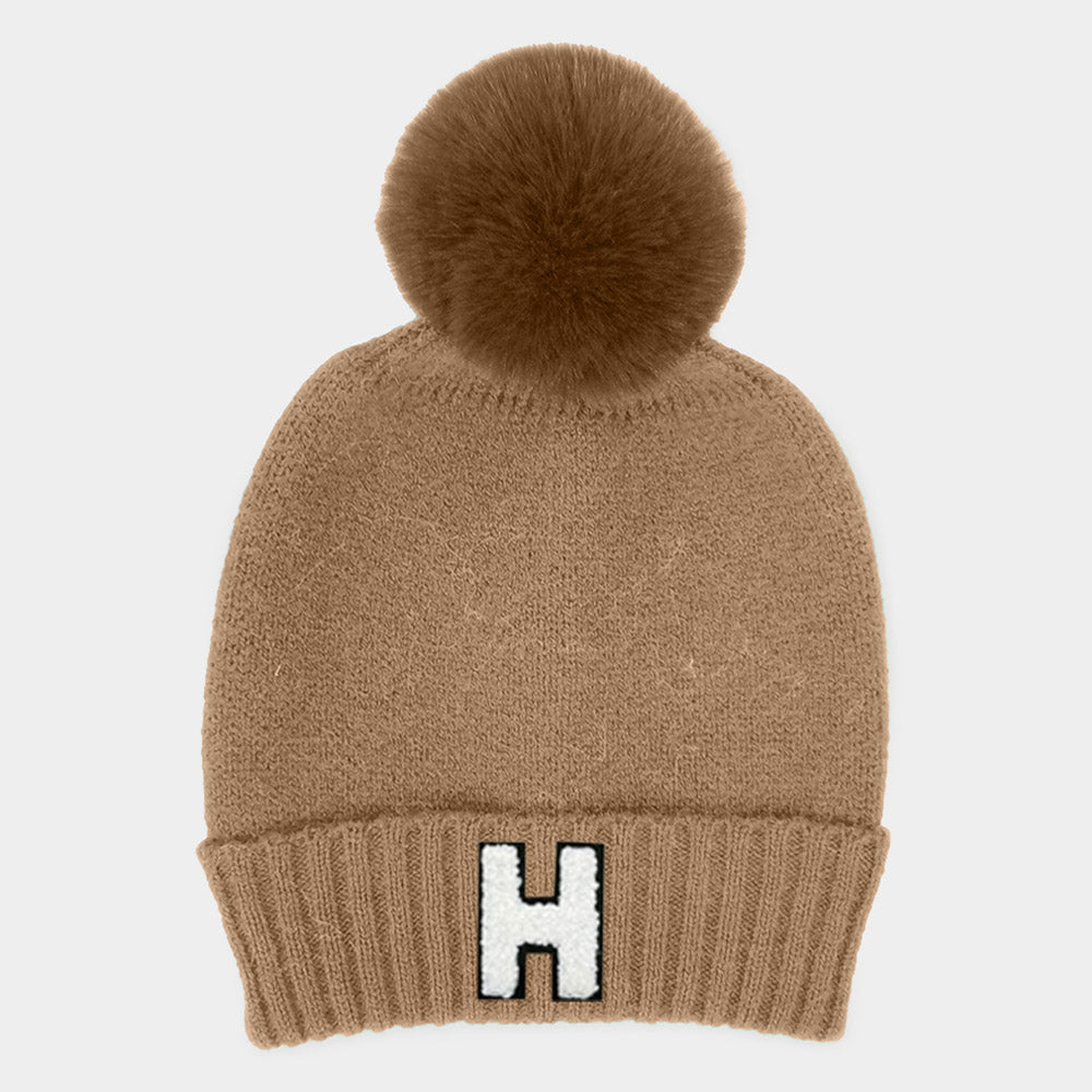 -H- Initial Monogram Faux Fur Pom Pom Knit Beanie Hat