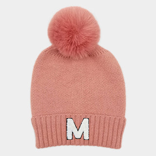 -M- Initial Monogram Faux Fur Pom Pom Knit Beanie Hat