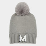 -M- Initial Monogram Faux Fur Pom Pom Knit Beanie Hat