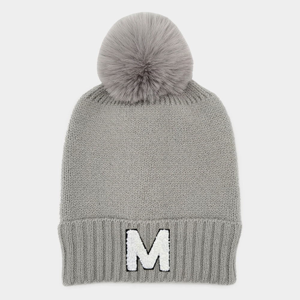 -M- Initial Monogram Faux Fur Pom Pom Knit Beanie Hat