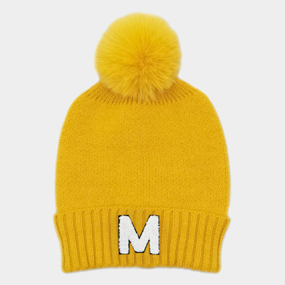-M- Initial Monogram Faux Fur Pom Pom Knit Beanie Hat