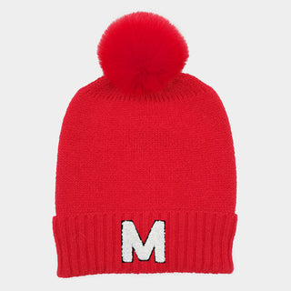 -M- Initial Monogram Faux Fur Pom Pom Knit Beanie Hat
