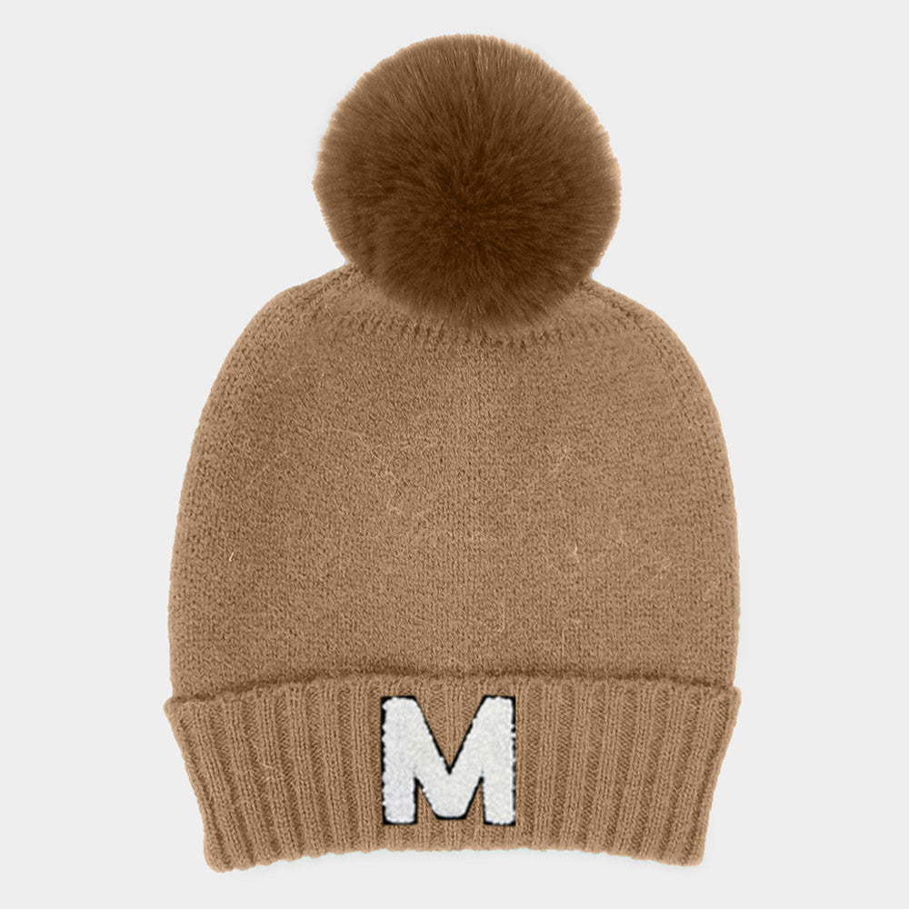 -M- Initial Monogram Faux Fur Pom Pom Knit Beanie Hat
