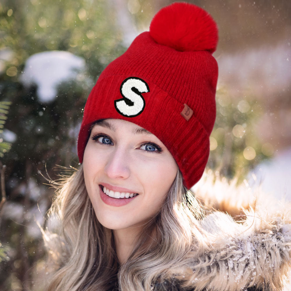 -S- Initial Monogram  Faux Fur Pom Pom Knit Beanie Hat