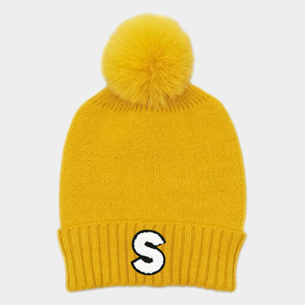 -S- Initial Monogram  Faux Fur Pom Pom Knit Beanie Hat