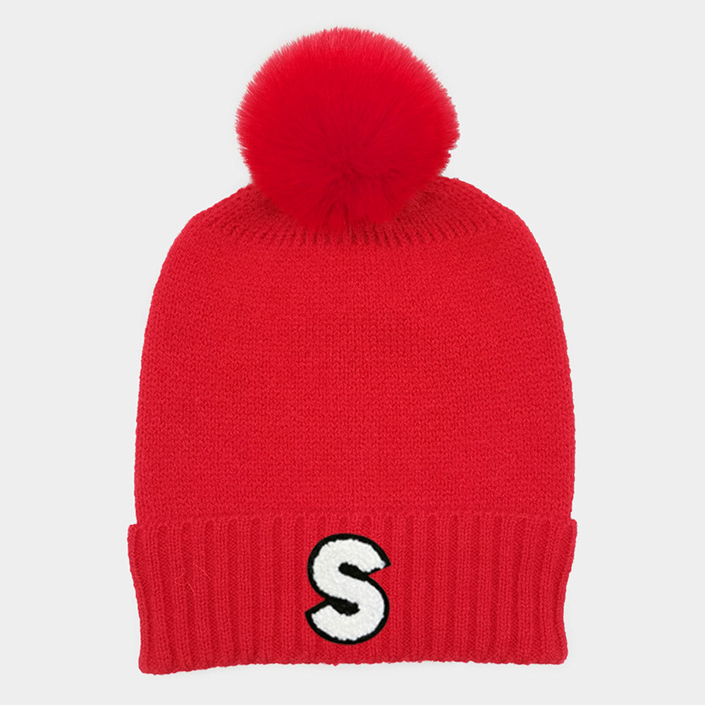 -S- Initial Monogram  Faux Fur Pom Pom Knit Beanie Hat