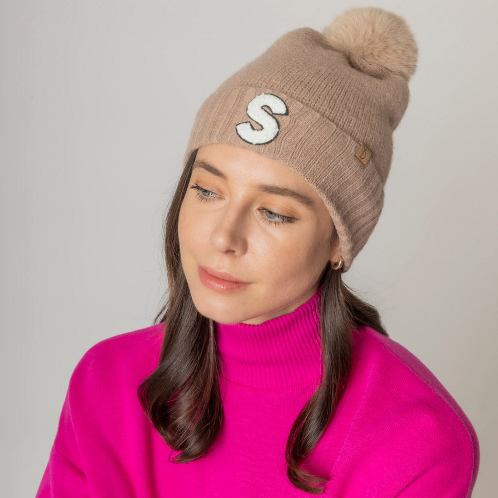 -S- Initial Monogram  Faux Fur Pom Pom Knit Beanie Hat