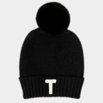 -T- Initial Monogram Faux Fur Pom Pom Knit Beanie Hat