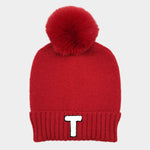 -T- Initial Monogram Faux Fur Pom Pom Knit Beanie Hat
