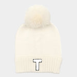 -T- Initial Monogram Faux Fur Pom Pom Knit Beanie Hat