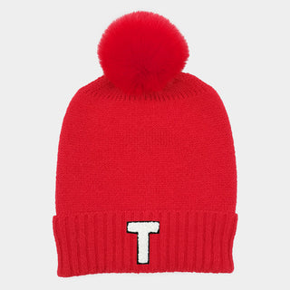 -T- Initial Monogram Faux Fur Pom Pom Knit Beanie Hat