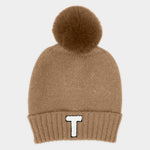 -T- Initial Monogram Faux Fur Pom Pom Knit Beanie Hat