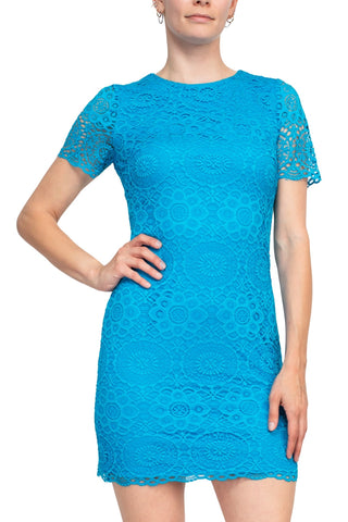Laundry Crew Neck Short Sleeve Solid Concealed Zipper Back Shift Lace Dress - By Baano