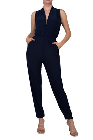 Laundry V-Neck Zipper Front Sleeveless Ruched Solid Jumpsuit - By Baano
