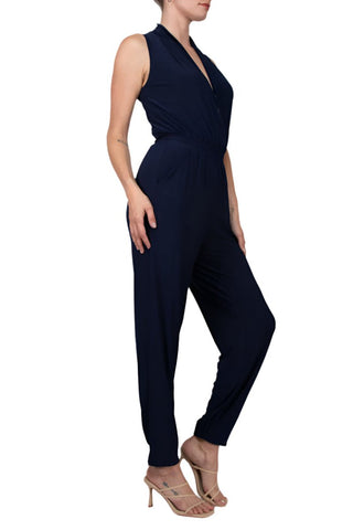 Laundry V-Neck Zipper Front Sleeveless Ruched Solid Jumpsuit - By Baano